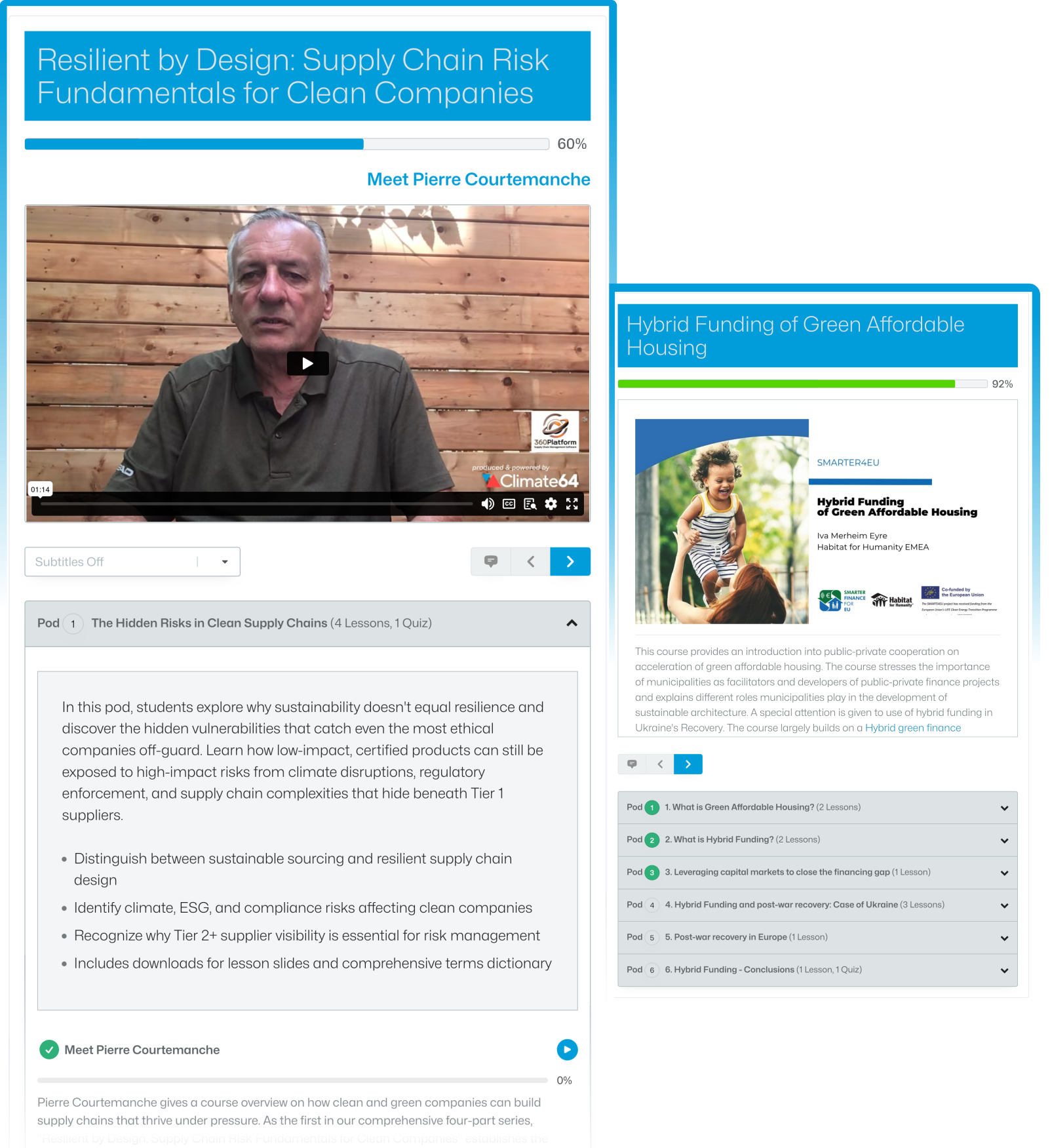 Climate64 - Shows the course creation interface with options to add new courses, pods, and videos.